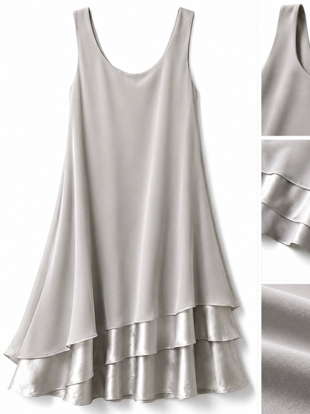 Light Gray Satin Tiered Hem Sleeveless Dress